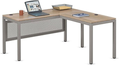 NBF at Work Reversible L Shaped Executive Office Desk - Durable Gray Laminate Computer Desk with Steel Frame - Modern Desk with 3 Grommet Holes - 60" W x 60" D Office Work Desk (Gray)