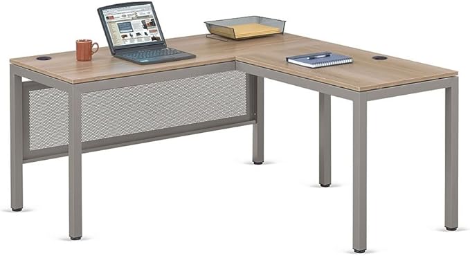 nbf signature series at Work Reversible L Shaped Desk 60" w x 60" d Ergonomic Corner Computer Desk with Warm Ash Laminate/Brushed Nickel Steel Frame for Office Use