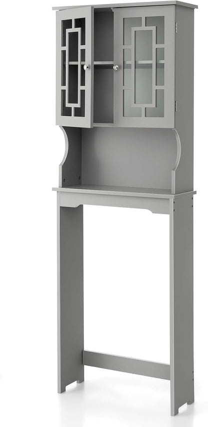 BestComfort Wooden Over The Toilet Storage Cabinet, Home Bathroom Space Saver, Double Doors, Adjustable Shelf Organizer, Open Storage Shelf, Freestanding Toilet Storage Rack Unit (Gray), Grey