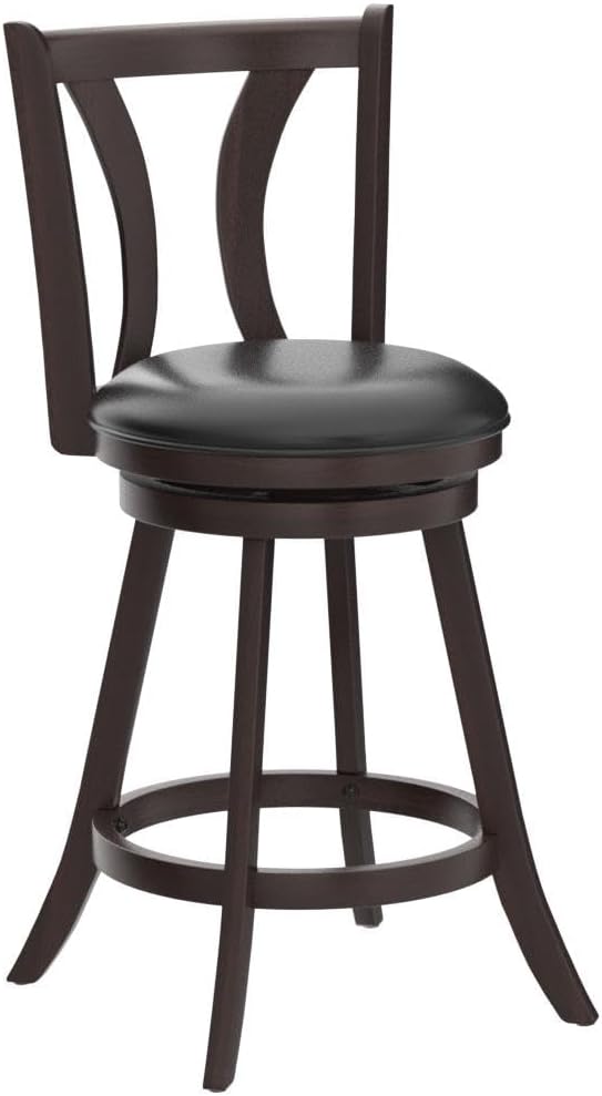 COSTWAY Bar Stools Set of 4, 360-Degree Swivel Stools with Leather Padded Seat, Single Slat Back & Solid Rubber Wood Legs, Counter Height Stools for Pub, Restaurant, Kitchen, Brown (4)