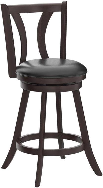 COSTWAY Bar Stools Set of 4, 360-Degree Swivel Stools with Leather Padded Seat, Single Slat Back & Solid Rubber Wood Legs, Counter Height Stools for Pub, Restaurant, Kitchen, Brown (4)