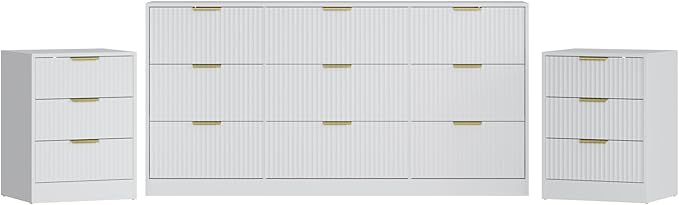 3-Piece Modern Bedroom Furniture Set, Wide 9-Drawer Dresser & 3-Drawer Nightstands Set of 2, Natural Wood Dresser and Nightstand Sets for Bedroom, Hallway, White