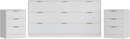 3-Piece Modern Bedroom Furniture Set, Wide 9-Drawer Dresser & 3-Drawer Nightstands Set of 2, Natural Wood Dresser and Nightstand Sets for Bedroom, Hallway, White