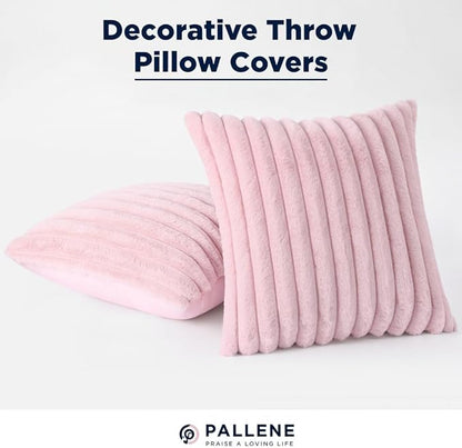 Pallene Faux Fur Plush Throw Pillow Covers 22x22 Set of 2, Luxury Soft Fluffy Striped Decorative Pillow Covers for Sofa, Couch, Living Room, Blush Pink