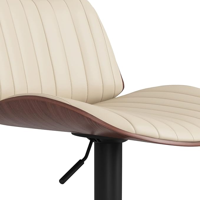 SIMPLIHOME Goulding Adjustable Swivel Bar Stool - 33 inch Seat Height Upholstered Metal Chair in Cream Vegan Faux Leather, Mid Century Seating for Kitchen or Bar with Curved Bentwood Back