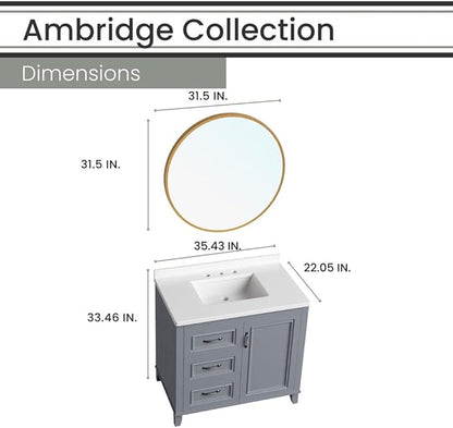 Hanover Ambridge 36'' Vanity Cabinet with Sink Combo for Bathroom, Powder Room | Pre-Assembled Cabinet | 1 Door, 3 Drawers | Artificial Stone Countertop, Gray Cabinet