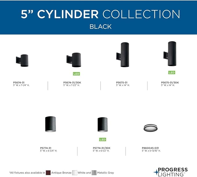 Progress Lighting 5-Inch Cylinder Outdoor Ceiling Light, 1-Light Modern Flush Mount Ceiling Light Fixture, Interior and Exterior Lighting for Home or Porch, Aluminum Construction, Black (P5774-31)