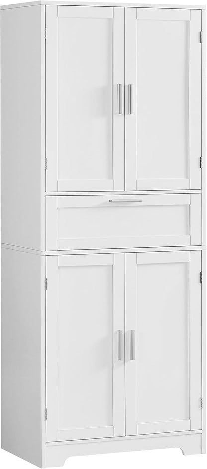 Iwell Tall Storage Cabinet with Adjustable Shelf & 1 Large Drawer, Pantry Cabinet with 4 Doors, Bathroom Cabinets, Kitchen Cabinets for Dining Room, Living Room, Home Office, White