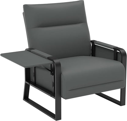 Faux Leather Accent Chair with Flip Up Tray Table Soft Backrest Side Pocket for Living Room Office Bedroom Leather Accent Chair, Gray