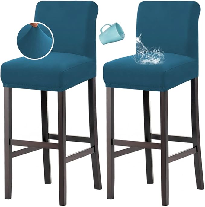 H.VERSAILTEX 100% Waterproof Bar Stool Cover Stretch Counter Stool Pub Chair Slipcover for Dining Room Removable Soft Thick Solid Fleece Fabric Bar Stool Slipcovers Set of 2, Peacock Blue