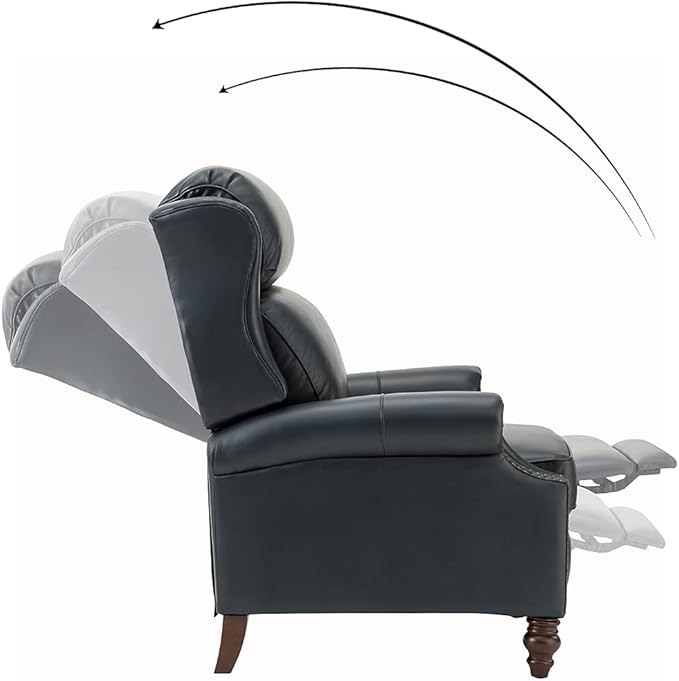 HULALA HOME Genuine Leather Recliner Chair, Traditional Manual Pushback Comfy Seating for Living Room, Thick Cushion & Solid Wood Legs, Wingback Recliner with Nailhead Trim, Navy-S2