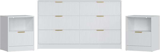 3-Piece Modern Bedroom Furniture Set, Wide 6-Drawer Dresser & 1-Drawer Nightstands Set of 2, Natural Wood Dresser and Nightstand Sets for Bedroom, Hallway, White