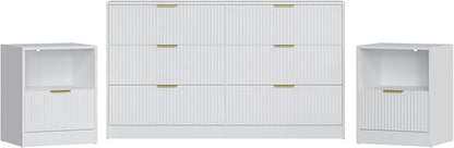 3-Piece Modern Bedroom Furniture Set, Wide 6-Drawer Dresser & 1-Drawer Nightstands Set of 2, Natural Wood Dresser and Nightstand Sets for Bedroom, Hallway, White