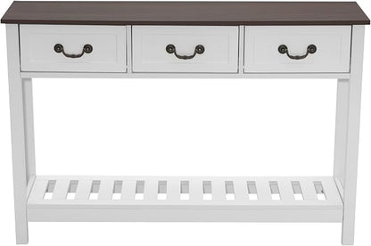 VEVOR 47 in Console Table, Farmhouse Desk Behind The Couch with Drawers and Bottom Storage Shelf, Wooden Rectangle Entrance Narrow Sofa Table for Hallway, Bedroom, Living Room, Foyer, Brown + White