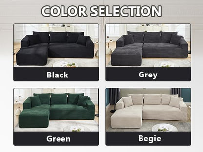 PELUMY 108.7" L-Shaped Modular Sectional Sofa with Oversized Chaise, Cloud Couch with Memory Foam, No Assembly Required Sleeper Sofa for Small Space Living Room, Apartment (Black, Corduroy)