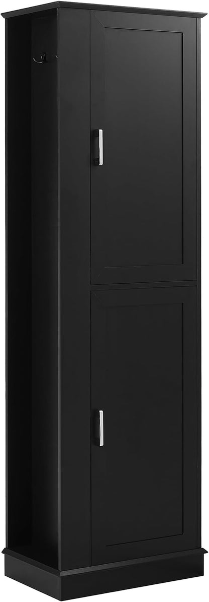 Tall Freestanding Storage Cabinet, Multi-Purpose Floor Organizer with 2 Doors, Hook and Adjustable Shelf for Bathroom, Office, Black