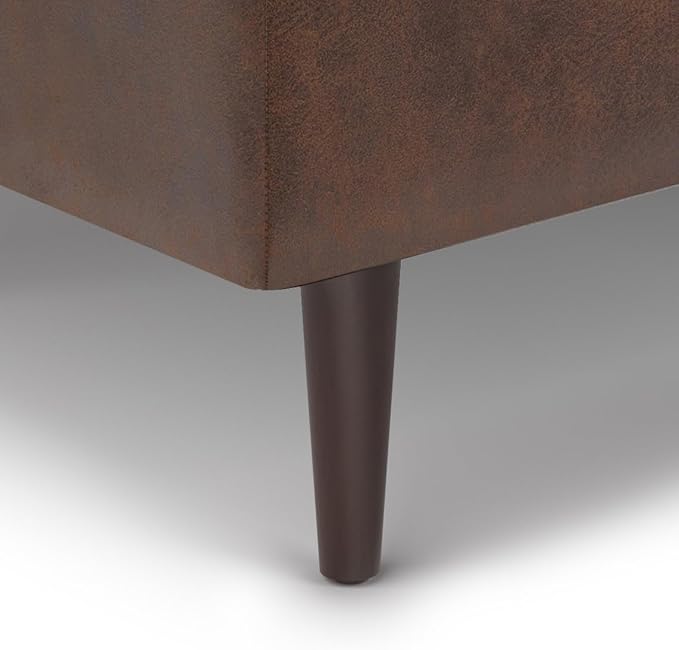 SIMPLIHOME Shay 34 inch Wide Mid Century Modern Small Rectangle Coffee Table Storage Ottoman in Distressed Chestnut Brown Vegan Faux Leather, Assembled, For the Living Room