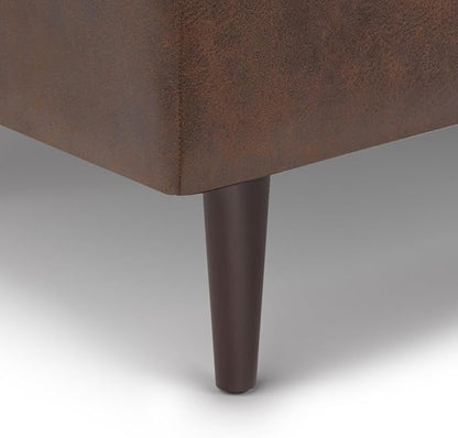 SIMPLIHOME Shay 34 inch Wide Mid Century Modern Small Rectangle Coffee Table Storage Ottoman in Distressed Chestnut Brown Vegan Faux Leather, Assembled, For the Living Room