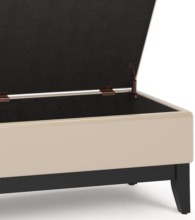 SIMPLIHOME Oregon 42 inch Wide Transitional Rectangle Storage Ottoman Bench with Tray in Satin Cream Vegan Faux Leather, Assembled, For the Living Room, Entryway and Family Room