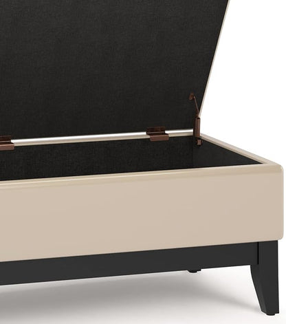 SIMPLIHOME Oregon 42 inch Wide Transitional Rectangle Storage Ottoman Bench with Tray in Satin Cream Vegan Faux Leather, Assembled, For the Living Room, Entryway and Family Room