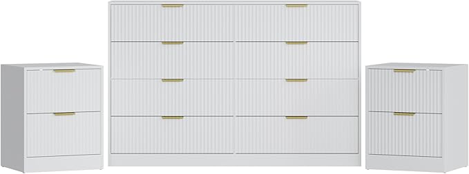 3-Piece Modern Bedroom Furniture Set, Wide 8-Drawer Dresser & 2-Drawer Nightstands Set of 2, Natural Wood Dresser and Nightstand Sets for Bedroom, Hallway, White