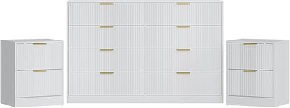 3-Piece Modern Bedroom Furniture Set, Wide 8-Drawer Dresser & 2-Drawer Nightstands Set of 2, Natural Wood Dresser and Nightstand Sets for Bedroom, Hallway, White