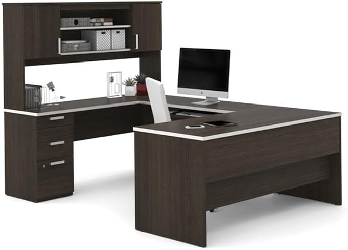 Pemberly Row U Shaped Modern Executive Computer Desk with Pedestal and Hutch in Brown Chocolate
