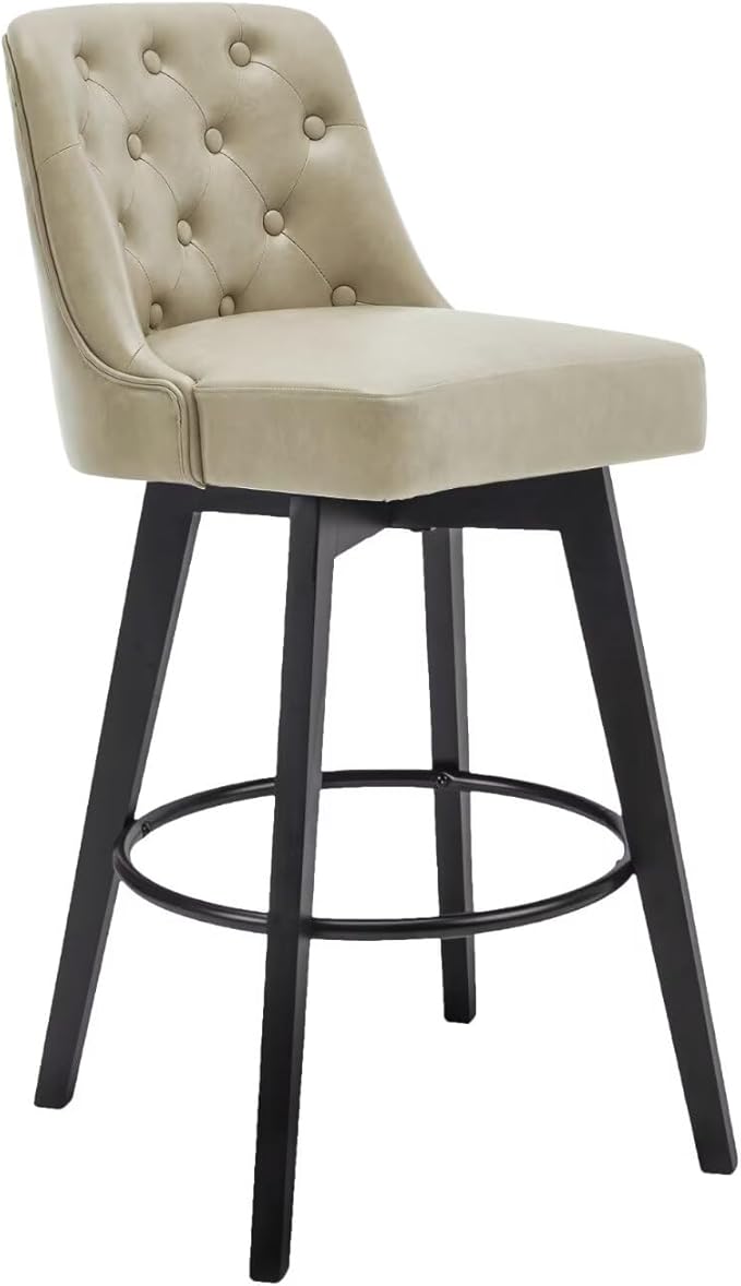 MINCETA Bar Stool, PU Leather Barstool, 30 Inch Upholstered Counter Stool with Low Tufted Back and Footrest, Swivel Counter Height Barstool for Kitchen Island Home Bar Khaki