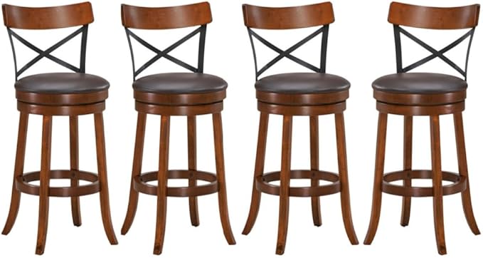ERGOMASTER Swivel Bar Stools Set of 4 with PU Cushion and Solid Cappuccino Rubberwood Barstool for Kitchen Island Counter, Pub - 29 Inch Height