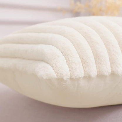 Pallene Faux Fur Plush Lumbar Christmas Throw Pillow Covers 12x20 Set of 2, Luxury Soft Fluffy Striped Decorative Pillow Covers for Sofa, Couch, Living Room, Cream White