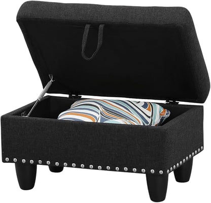 Linen Fabric Storage Ottoman with Nailhead Trim, 28.5"X19.5"X17.5" Footrest Stool, Hidden Storage Foot Stool for Living Room, Bedroom Furniture, Dark Grey