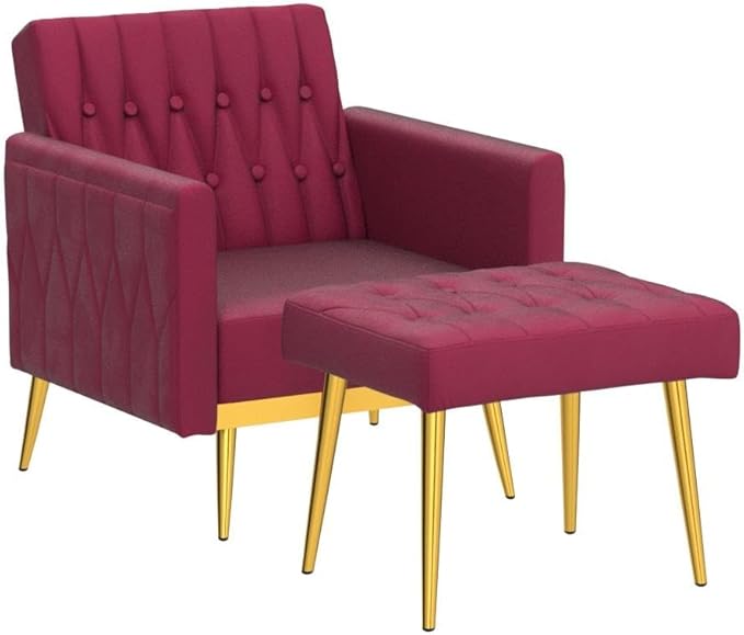 Velvet Accent Chair with Adjustable Armrests and Backrest, Button Tufted Lounge Chair, Single Recliner Armchair with Ottoman and Pillow for Living Room, Bedroom, Fuchsia