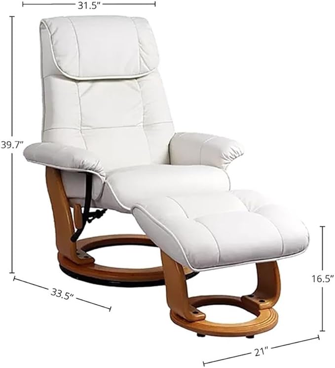 Pemberly Row Stressless Recliner with Ottoman in White Leather, Swivel Recliner Ottoman for Modern Living Room Comfort