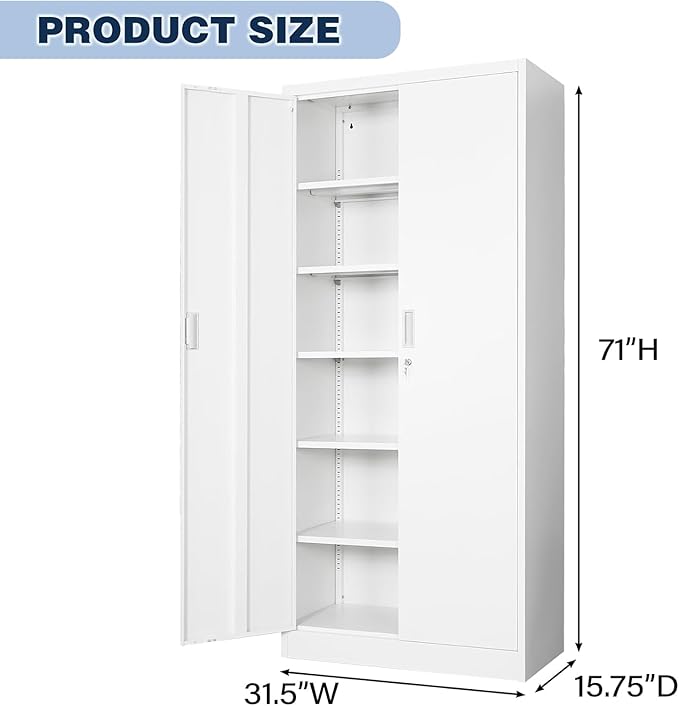 BESFUR Metal Storage Cabinet with 5 Adjustable Shelves and 2 Lockable Doors, 71" White Garage Metal Cabinet, Locking Cabinet for Office, School, Garage