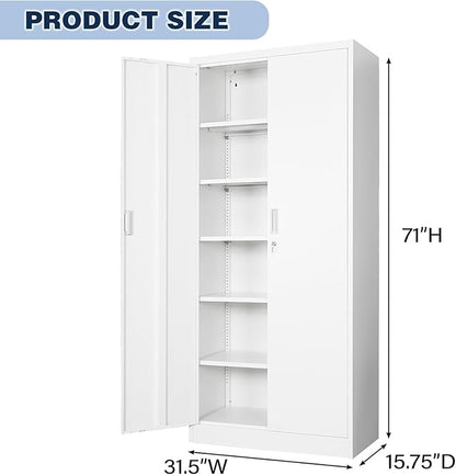 BESFUR Metal Storage Cabinet with 5 Adjustable Shelves and 2 Lockable Doors, 71" White Garage Metal Cabinet, Locking Cabinet for Office, School, Garage