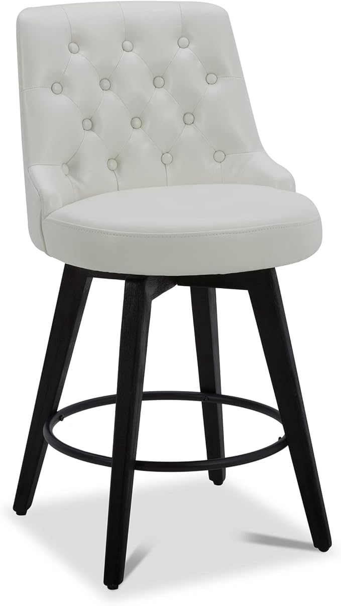 Watson & Whitely Counter Height Bar Stools, Faux Leather Upholstered Modern Swivel Barstool with Back, Solid Wood Legs, 26" H Seat, White