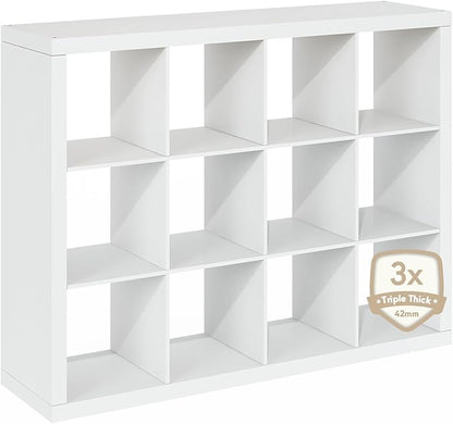 Furinno Cubicle Book Shelf, 12-Cube Bookshelf, Triple Thick Frame Cube Storage Organizer, Bookcase, 15.4 x 57.4 x 43.4, for Home Office, Living Room, Plain White