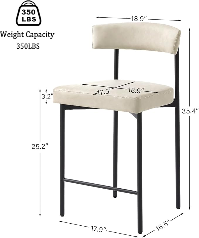 Beige Modern Bar Stools Set of 2, 24 Inch Faux Leather Counter Stools with Curved Backrest, Counter Height Bar Stool for Kitchen Island