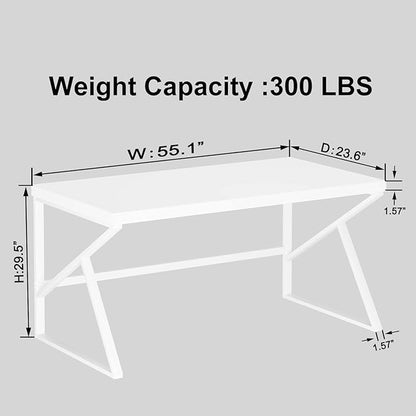 HSH White Computer Desk, Modern Wood Home Office Desk, PC Desk for Executive Work Writing Study Gaming Student Bedroom, Farmhouse Simple Wooden and Metal Computer Table Workstation, White Oak 55 Inch