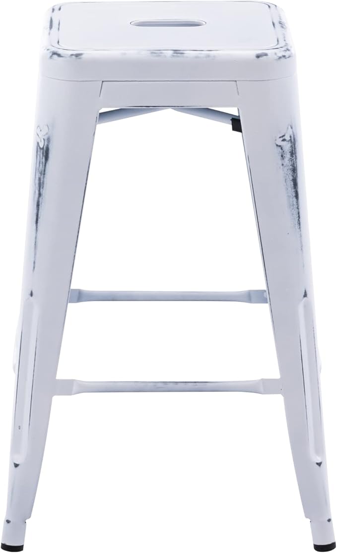 Vogue Furniture Direct 24 Inch Metal Bar Stools, Backless Counter Height Barstools, Indoor Outdoor Stackable Stools with Square Seat, Set of 4 (Distressed White)