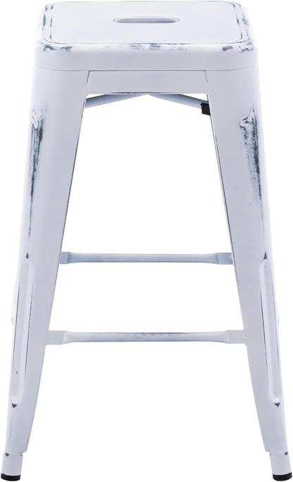 Vogue Furniture Direct 24 Inch Metal Bar Stools, Backless Counter Height Barstools, Indoor Outdoor Stackable Stools with Square Seat, Set of 4 (Distressed White)