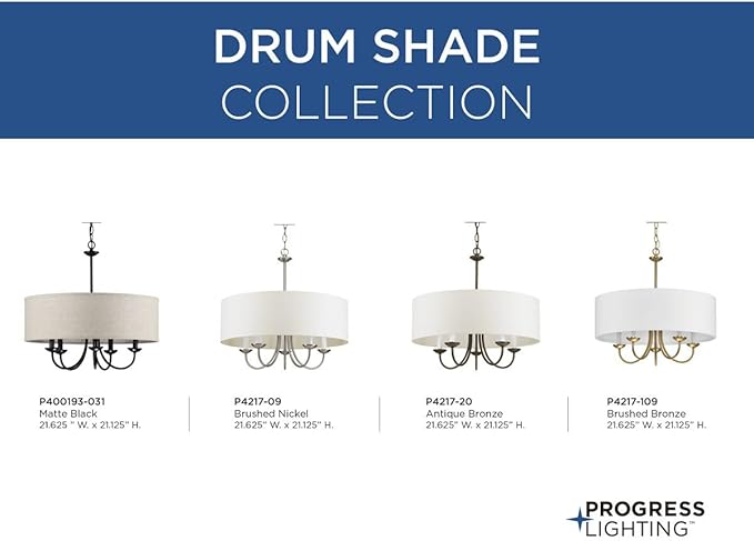 Progress Lighting Drum Shade Collection Five-Light Chandelier, Farmhouse Style Hanging Ceiling Light Fixture for Dining Rooms, Foyers, White Fabric Shade, Brushed Bronze