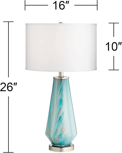 Possini Euro Design Jaime Modern Table Lamps 26" Tall Set of 2 Blue Smoky Gray Swirls Art Glass White Fabric Drum Shade Decor for Bedroom Living Family Room Bedside Nightstand House Home Office