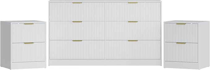 3-Piece Modern Bedroom Furniture Set, Wide 6-Drawer Dresser & 2-Drawer Nightstands Set of 2, Natural Wood Dresser and Nightstand Sets for Bedroom, Hallway, White