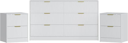 3-Piece Modern Bedroom Furniture Set, Wide 6-Drawer Dresser & 2-Drawer Nightstands Set of 2, Natural Wood Dresser and Nightstand Sets for Bedroom, Hallway, White