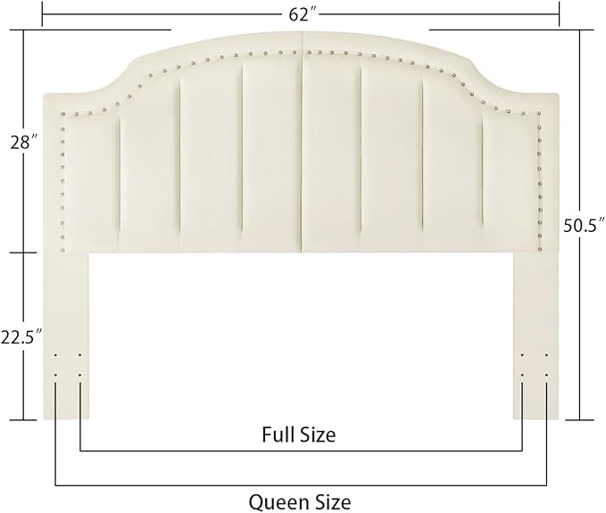 24KF Velvet Fabric Upholstered Queen/Full Headboard with Nail Trims,Modern Vertical Channel Design with Curved Headboard, 6052-Q-Cream