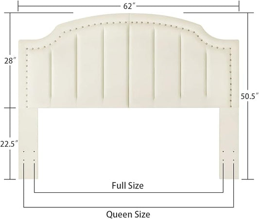 24KF Velvet Fabric Upholstered Queen/Full Headboard with Nail Trims,Modern Vertical Channel Design with Curved Headboard, 6052-Q-Cream