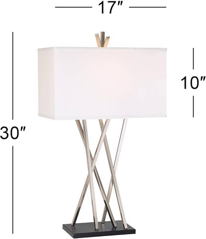 Possini Euro Design Asymmetry 30" Tall Large Modern End Table Lamps Set of 2 Silver Brushed Steel Finish Metal Linen White Shade Living Room Bedroom Bedside Nightstand House Office Home Reading