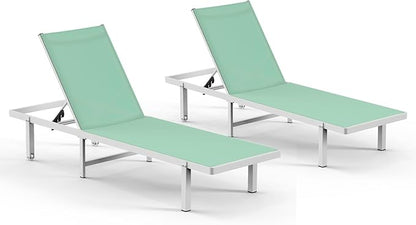 Pool Lounge Chairs Set of 2，Outdoor Lounge Chairs with Wheels and 5-Position Recliner -Easy to Move- Aluminum Patio Lounge Chair for Poolside, Deck (LightGreen)