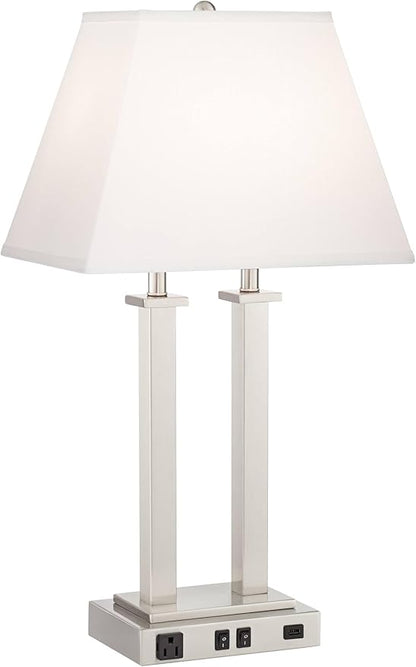Possini Euro Design Amity Modern Table Lamp 26" High with USB and AC Power Outlet in Base Brushed Nickel White Linen Hardback Shade for Bedroom Living Room House Home Desk Bedside Nightstand Office